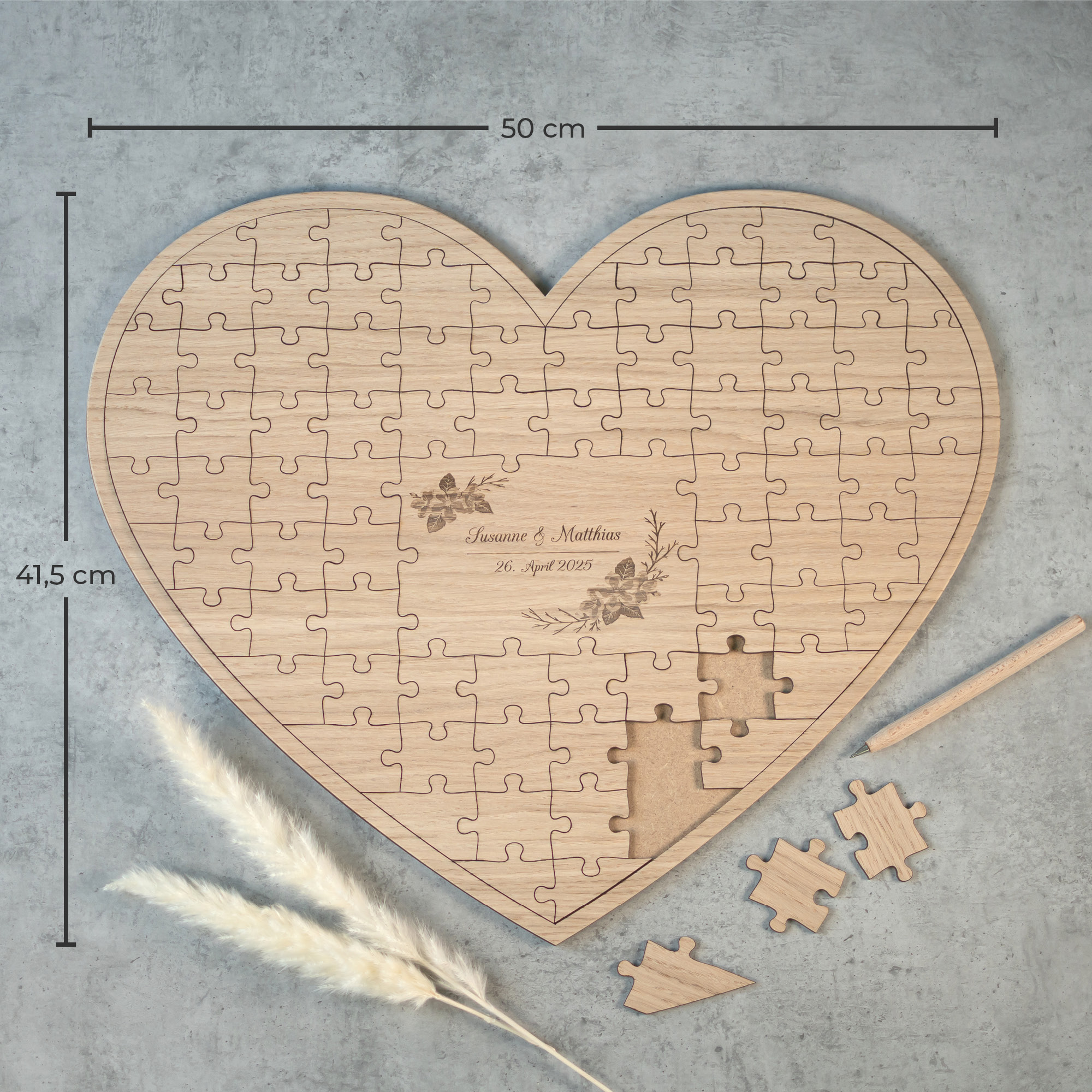 Gästebuch Puzzle Holz zur Hochzeit, Herz Kirschblüte 87 Teile, personalisiert